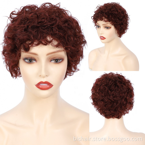 Wholesale super wine red color curly wigs women's short kinky Curly Wig Brazilian human hair curly wigs
